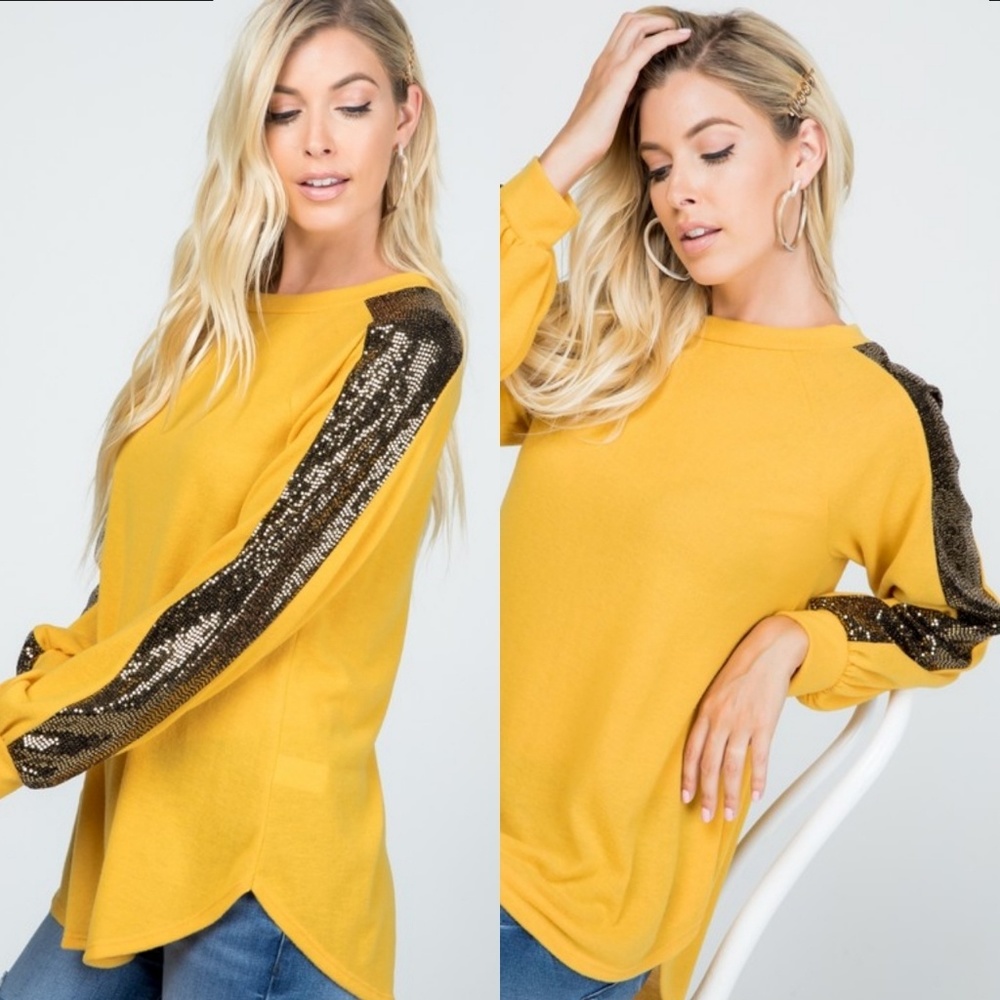 Mustard soft brushed top w/ sequin sleeves - Picture 3 of 9